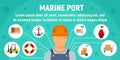 Marine port worker concept banner, flat style