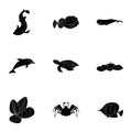 Marine and river inhabitants. Fish, whales, octopuses.Sea animals icon in set collection on black style vector symbol