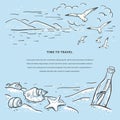 Marine romantic sketch vector template. Sketch with beach, seagulls, seashells, sea star and message in the bottle. Design for