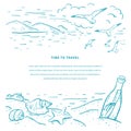 Marine romantic sketch vector template. Sketch with beach, seagulls, seashells, sea star and message in the bottle. Travel concept