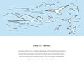 Marine romantic sketch vector template. Sketch with seagulls, sea and mountains. Design for flyer, card, invitation, web banners