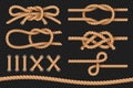 Marine ropes. Cord twisted texture, nautical ropes borders, cordage bowknot. Vector set