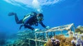 a marine scientist conducting a coral restoration project in a damaged reef ecosystem