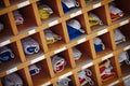 Marine sea signal flags in wooden cupboard