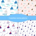 Marine, sea themed seamless patterns, set of 4 cute patterns Royalty Free Stock Photo