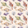 Marine seamless patern of sea shells. Watercolor illustration for textile, greeting cards, invitations