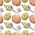 Marine seamless patern of sea shells. Watercolor illustration for textile, greeting cards