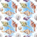 Marine seamless patern of sea shells. Watercolor illustration for textile, greeting cards