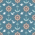 Marine seamless pattern. Anchor and rudder. Watercolor illustration. Isolated on a blue background.