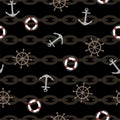 Marine seamless pattern with an anchor, steering wheel, life ring and chain. Vector. Royalty Free Stock Photo