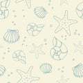 Marine seamless pattern with blue shells and starfish on a yellow background. Vector.