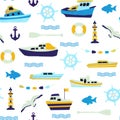 Marine seamless pattern with boats, seagulls, lighthouse and fish