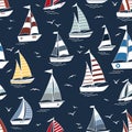 Marine seamless pattern with cartoon boats on waves Royalty Free Stock Photo