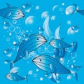 Marine seamless pattern. Cartoon hand drawn fishes. Blue water background with glowing bubbles, seeweeds, water plants, love
