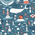 Marine seamless pattern. Childish illustration in simple hand-drawn Scandinavian style. Cute animals and fish. Whales Royalty Free Stock Photo