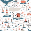 Marine seamless pattern. Childish illustration in simple hand-drawn Scandinavian style. Cute animals and fish. Whales, sharks, Royalty Free Stock Photo