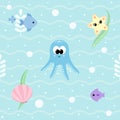 Marine seamless pattern with cute baby sea animals. Ocean background with smiling baby octopus, starfish, seashell, fishes, Royalty Free Stock Photo