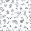 Marine seamless pattern with doodle elements: mermaids, seashells, starfishes, octopus, waves, anchor. Royalty Free Stock Photo