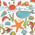 Marine seamless pattern, endless texture of sea world