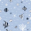 Marine seamless pattern with fishes and conchs and starfishes Royalty Free Stock Photo