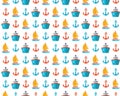 Marine seamless pattern in flat vector. Cruise ship, anchor, yacht, boat, sailboat, ship. Travel by sea transport. Bright,