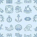 Marine seamless pattern with line icons. Vector background illustration included icon as anchor, sea wave, shell, ship