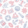 Marine seamless pattern with line icons. Vector background illustration included icon as anchor, sea wave, starfish Royalty Free Stock Photo