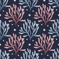 Marine seamless pattern of marine animals, corals, plants, shells, starfish, octopuses, seahorses, algae, turtles.