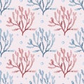 Marine seamless pattern of marine animals, corals, plants, shells, starfish, octopuses, seahorses, algae, turtles.