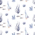 Marine seamless pattern of marine animals, corals, plants, shells, starfish, octopuses, seahorses, algae, turtles.