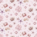 Marine seamless pattern of marine animals, corals, plants, shells, starfish, octopuses, seahorses, algae, turtles.