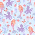 Marine seamless pattern with mermaid