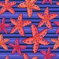 Marine seamless pattern with red,pink starfish, wavy horizontal stripes. Sea vector illustration for children Royalty Free Stock Photo