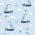 Marine seamless pattern with sailboat and water waves Hand drawn design in cartoon style Royalty Free Stock Photo