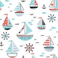 Marine seamless pattern with sailing ships and boats.