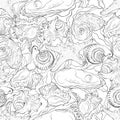 Marine seamless pattern from sea shells and starfish with waves