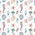 Marine seamless pattern with seahorses, jellyfish, bubbles, seashells, algae, starfish and corals. Watercolor