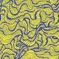 Marine seamless pattern with stylized blue waves on a light background. Water Wave abstract design.Blue lines on the yellow backgr