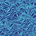 Marine seamless pattern with stylized blue waves on a light background. Water Wave abstract design. Seaweed stylized.