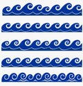 Marine seamless pattern with stylized blue waves on a light background. Water Wave sea ocean abstract vector design art Royalty Free Stock Photo