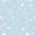 Marine seamless pattern. Vector hand drawn illustration of seahorse, starfish and coral.