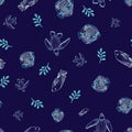 marine seamless pattern. Vector illustration of tropical fish, turtle and plant drawn by hand. isolated on a darkblue Royalty Free Stock Photo