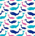 Marine seamless pattern with whales, decorative background with funny blowers.