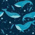 Marine seamless pattern with whales. Vector graphics