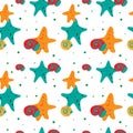 Marine seamless pattern with yellow and blue starfish and red seashell. Trendy  illustration on white background. Vector. Royalty Free Stock Photo