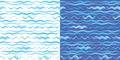 Marine seamless patterns with sea waves on white and blue backgrounds. Royalty Free Stock Photo