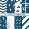 Marine seamless patterns set. Design elements for wallpaper, baby shower invitation, birthday card, scrapbooking, fabric Royalty Free Stock Photo