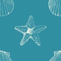 Marine seamless texture. Hand drawn illustration. Scallop shells and starfish