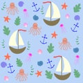 Marine seamless pattern. Light blue background.