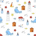 Marine seamless vector pattern - lighthouse sailor village, whale, yacht, fishes Royalty Free Stock Photo